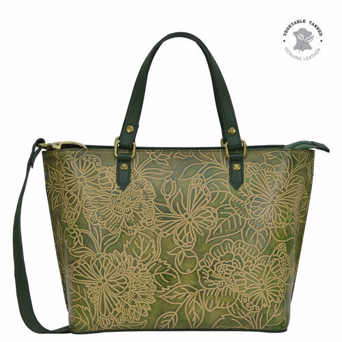 Anuschka style 693, Medium Tote. Tooled Butterfly in green or mint color. Top zip entry, Removable handle with full adjustability.