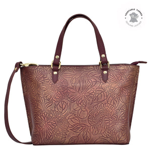 Anuschka style 693, Medium Tote. Tooled Butterfly Wine art in Wine color. Top zip entry, Removable handle with full adjustability.