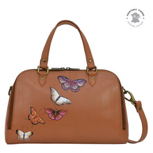Load image into Gallery viewer, Anuschka style 695, handpainted Wide Organizer Satchel. Butterflies Honey painting in tan color.Featuring Three card holders, one ID window and several inside pockets.

