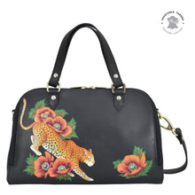 Load image into Gallery viewer, Anuschka style 695, Wide Organizer Satchel. Enigmatic Leopard painting in Black color. Featuring Three card holders, one ID window and several inside pockets.
