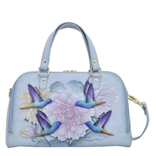 Anuschka style 695, Wide Organizer Satchel. Rainbow Birds painting in Blue color. Featuring Three card holders, one ID window and several inside pockets.