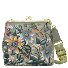 Load image into Gallery viewer, Anuschka style 700, Handpainted Medium Frame Satchel. Floral Passion painting in Green color. Featuring French clasp entry to main compartment.
