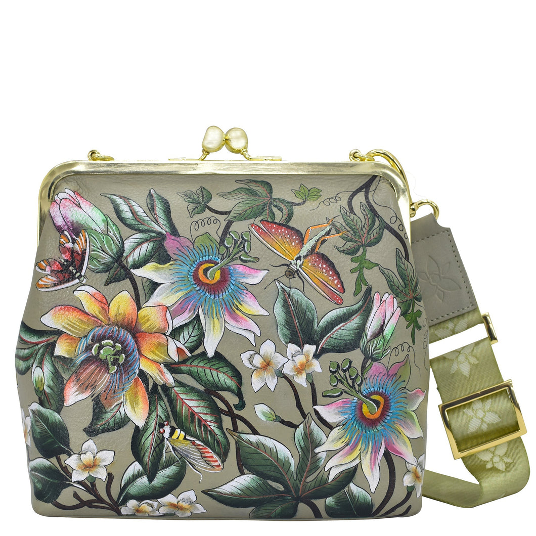 Anuschka style 700, Handpainted Medium Frame Satchel. Floral Passion painting in Green color. Featuring French clasp entry to main compartment.