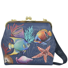 Load image into Gallery viewer, Anuschka style 700, Handpainted Medium Frame Satchel. Mystical Reef painting in Blue color. Featuring French clasp entry to main compartment.
