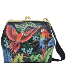 Load image into Gallery viewer, Anuschka style 700, Handpainted Medium Frame Satchel. Rainforest Beauties painting in Black color. Featuring French clasp entry to main compartment.
