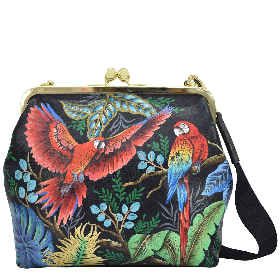 Anuschka style 700, Handpainted Medium Frame Satchel. Rainforest Beauties painting in Black color. Featuring French clasp entry to main compartment.