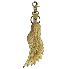 Load image into Gallery viewer, Anuschka style K0029, handpainted Leather Bag Charm, Angel Wings painting in tan color. Soft, padded, antique leather key charm.
